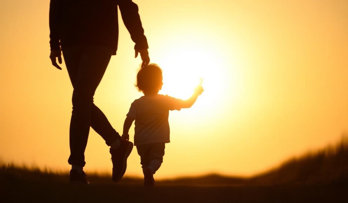 Silhouette of a parent walking hand-in-hand with a child at sunset