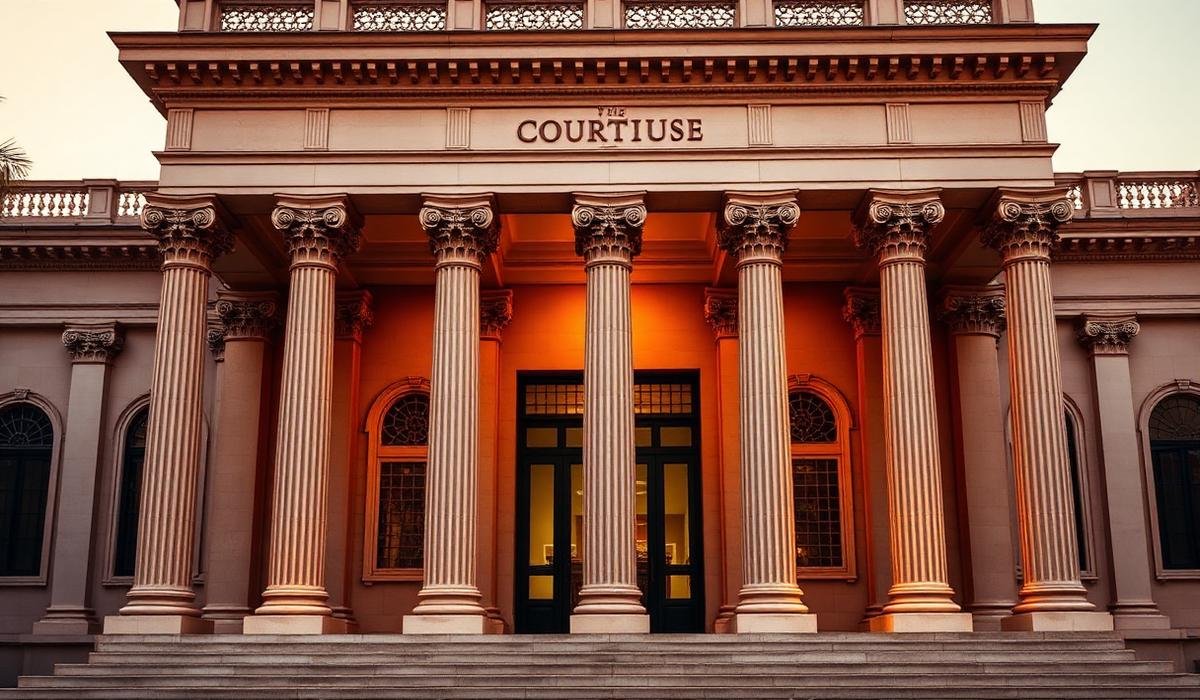 Indian courthouse facade at golden hour
