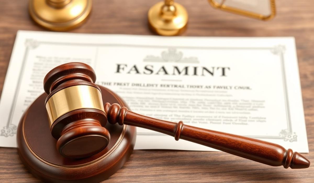 Wooden judge gavel with gold band on legal document