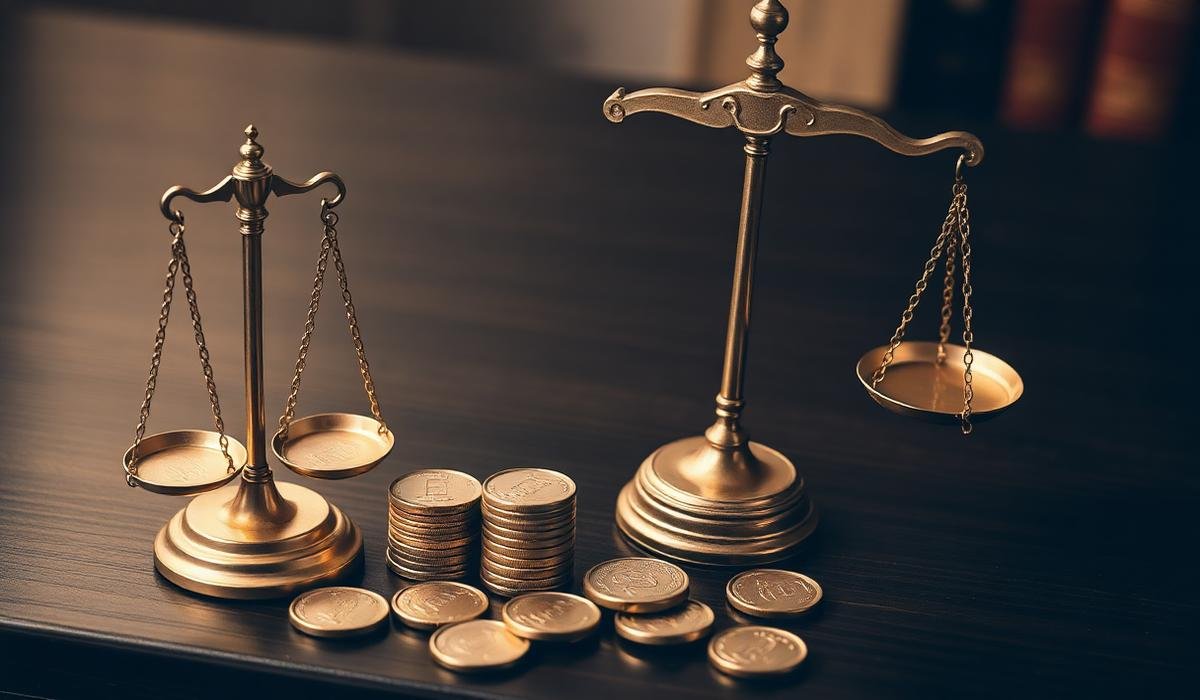 Golden scales of justice beside coins on a dark wooden desk