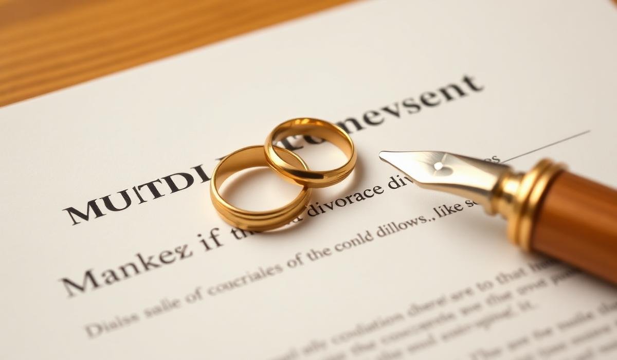 Wedding rings on a legal document with a fountain pen